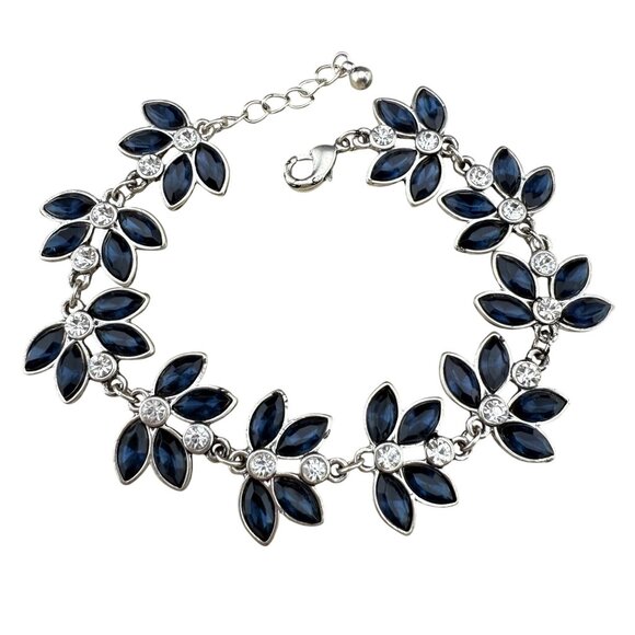 Floral Blue Rhinestone Bracelet With Silver-Tone Setting & Adjustable Lobster Cl - Picture 1 of 7